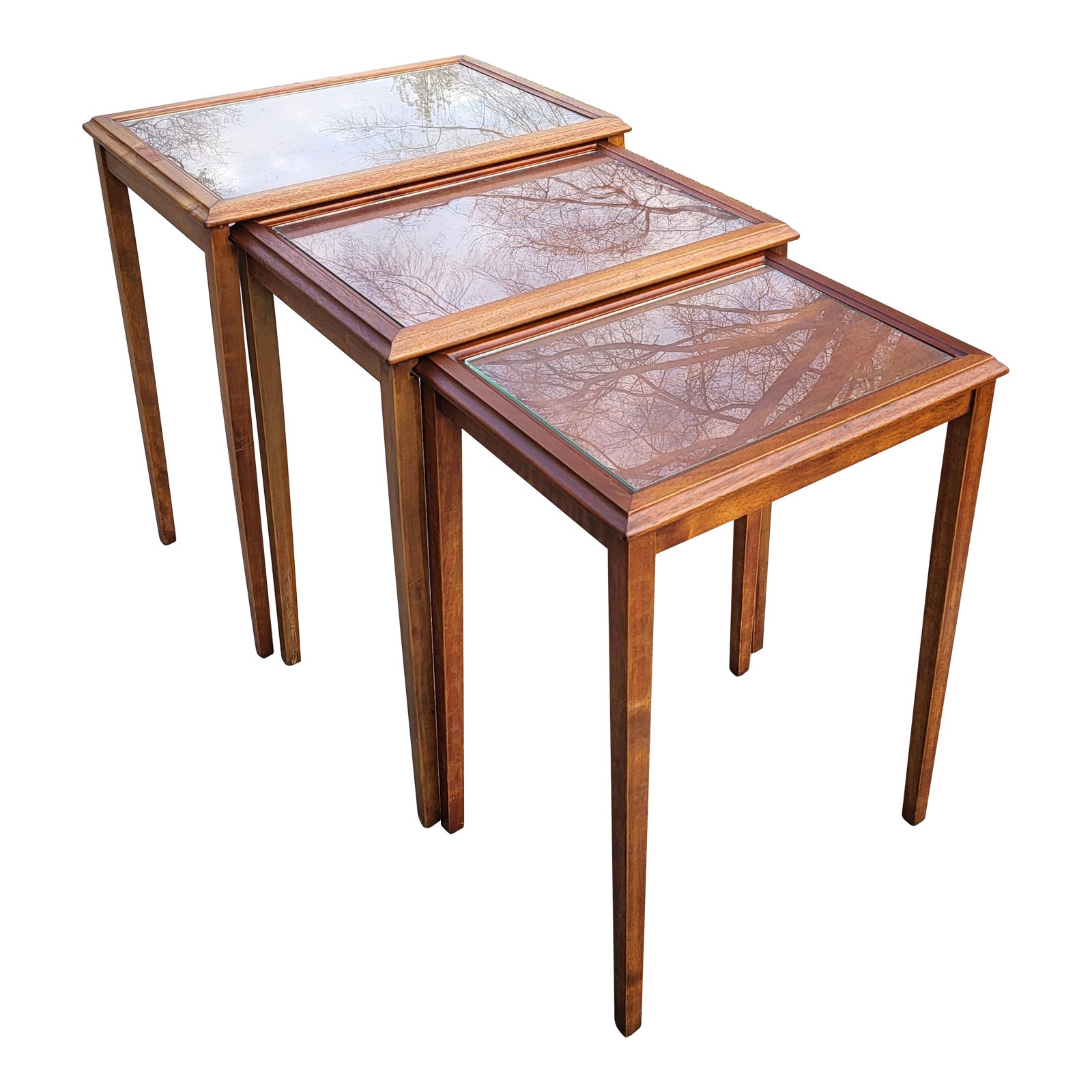 Mid-Century Modern Fruitwood Glass Top Nesting Tables-Set of 3 | Chairish