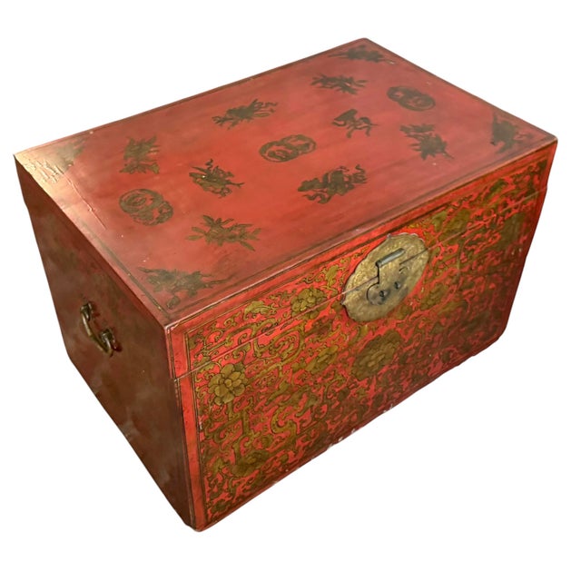 Antique Chinese Red & Gold Chinoiserie Trunk Coffee Table.