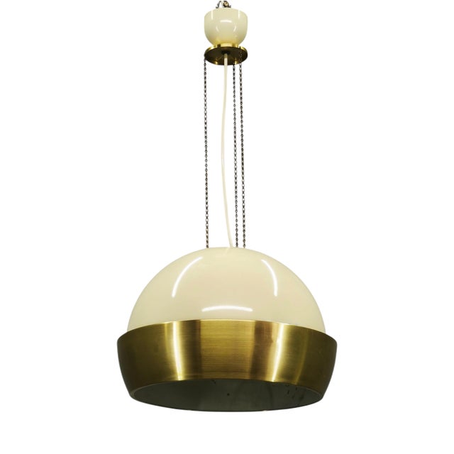 Vintage Space Age Brass and Cream Pendant Light, Czechoslovakia, 1970s For Sale