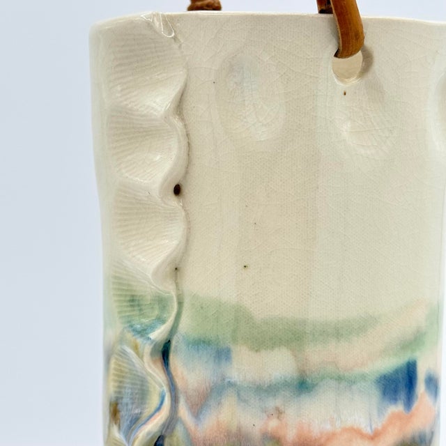 Contemporary 1992 Signed Studio Pottery Vase With Bamboo Handle Ceramic Vessel, Handcrafted Art Pottery For Sale - Image 3 of 12