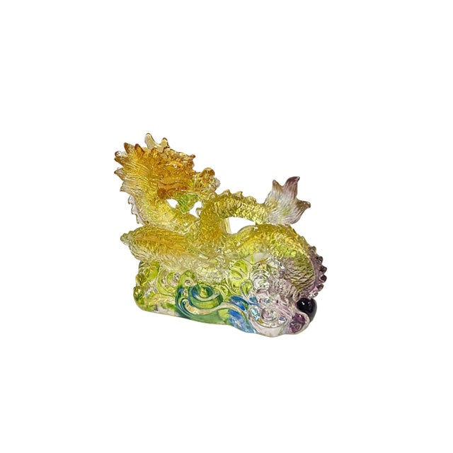 Chinese Chinese Orange Yellow Crystal Glass Dragon W Ball on Wave Figure For Sale - Image 3 of 5