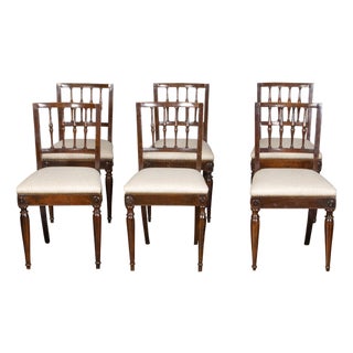 Set of Six Italian 1800s Walnut Dining Room Chairs with Spindle Shaped Backs For Sale
