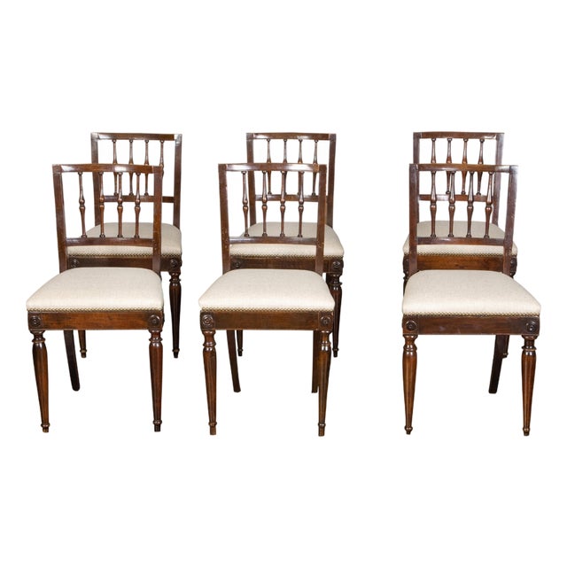 Set of Six Italian 1800s Walnut Dining Room Chairs with Spindle Shaped Backs For Sale