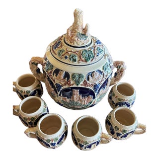 1954 Mid Century Modern German Gerz Castle Relief Stoneware Punch - Set of 7 For Sale