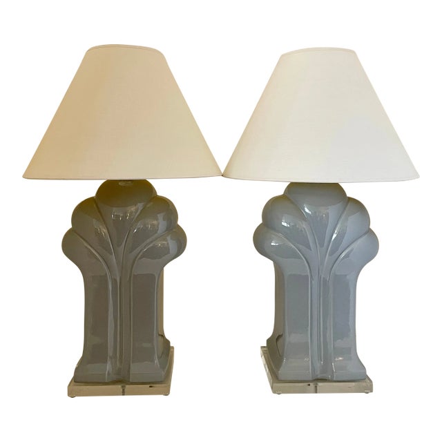 Pair of Large Art Deco Style Glossy Ceramic Table Lamps From 80's For Sale