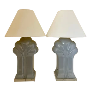Pair of Large Art Deco Style Glossy Ceramic Table Lamps From 80's