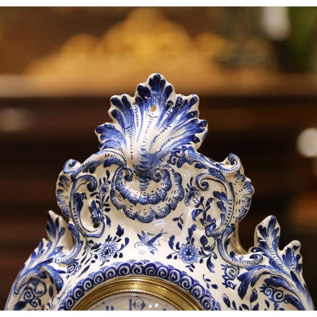 French 19th Century French Delft Blue and White Faience Mantel Clock With Windmill Scene For Sale - Image 3 of 11