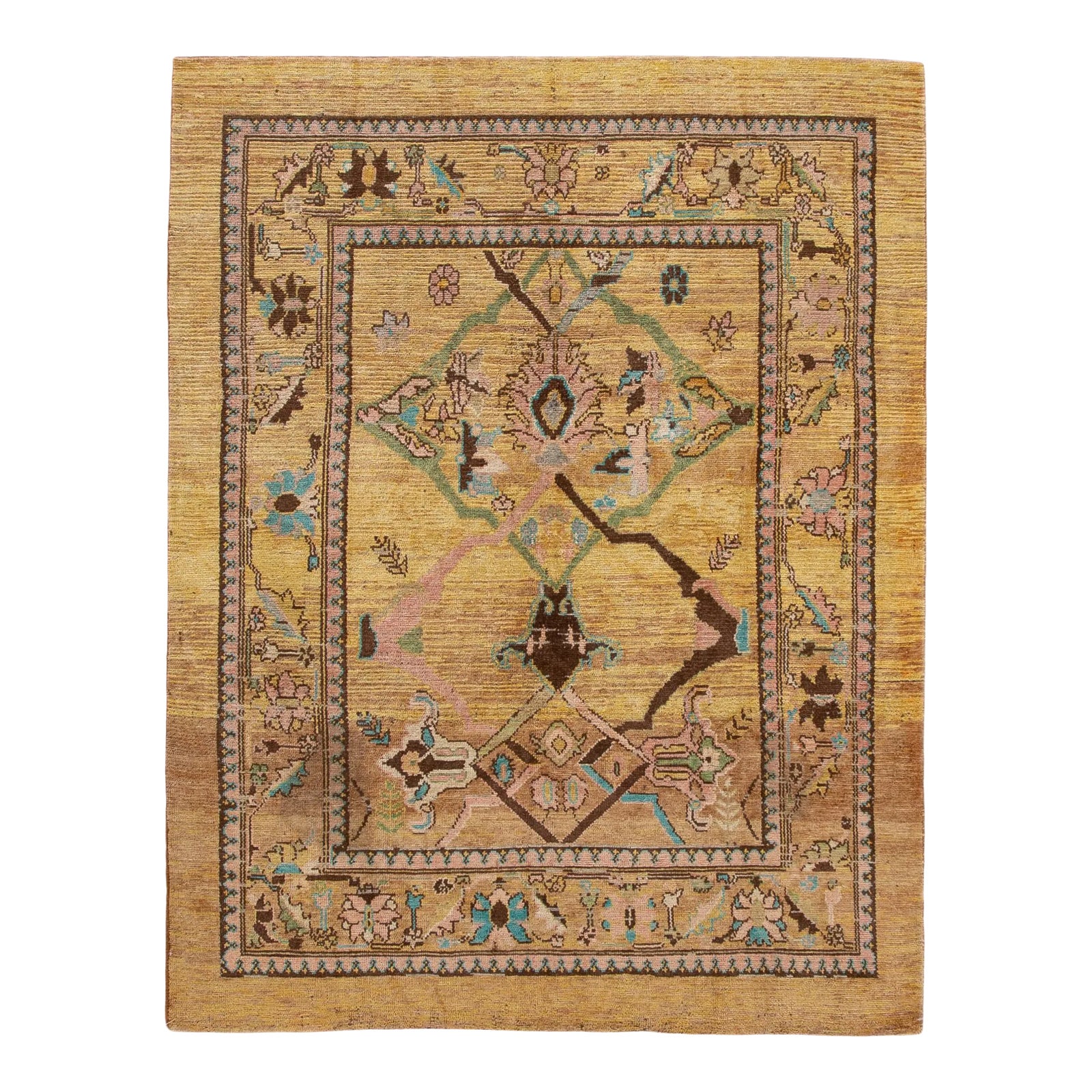 Modern Revival Yellow Handmade Floral Wool Rug | Chairish