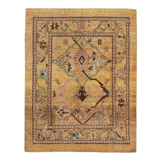 Modern Revival Yellow Handmade Floral Wool Rug For Sale