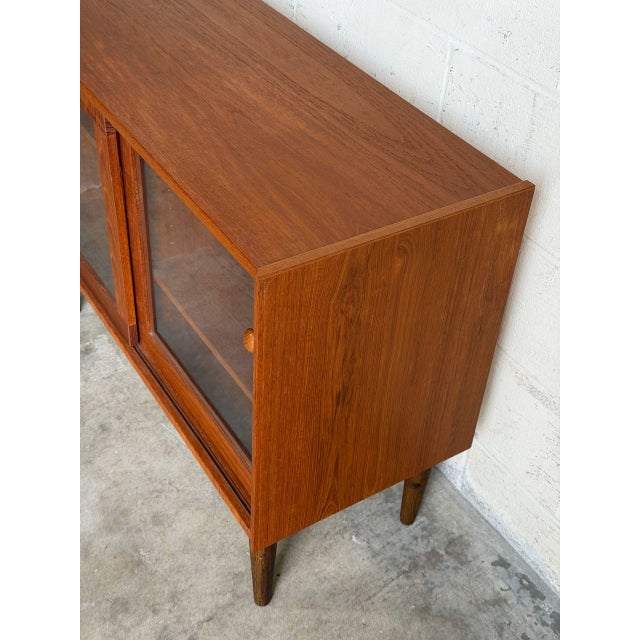 Mid-Century Modern Danish Teak Glass Door Cabinet Small Display Case Low Bookcase Storage Unit Denmark 1960s For Sale - Image 3 of 10