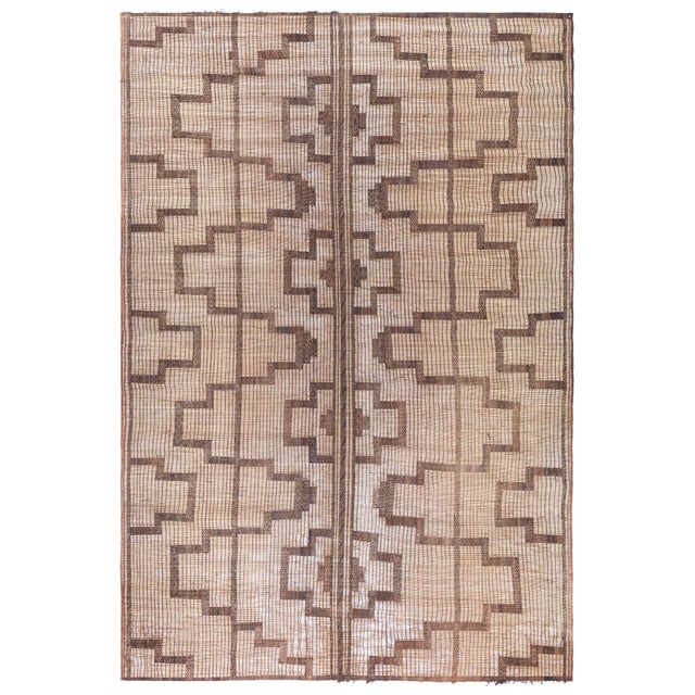 Doris Leslie Blau Moroccan Vintage Geometric Tan With Brown Rug Reed And Leather For Sale