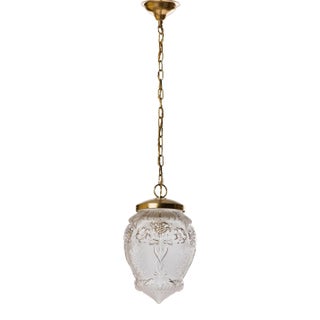 1950s French Rococo Brass Chain Pendant Light, Acid-Etched Pressed Crystal Shade For Sale