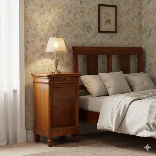 Antique bedside table in walnut and walnut burl. Drawer in the molded band under the top, central door, turned legs. Brass...