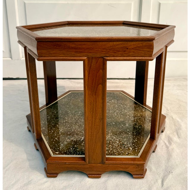 Brown 1970s John Keal for Brown Saltman Two-Tier Hexagonal Side Table With Stone Inset For Sale - Image 8 of 11