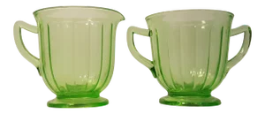 1930s Paneled Vaseline Green Glass Cream & Sugar - Set of 2
