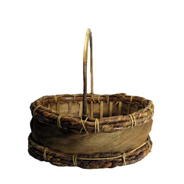Rustic Vintage Wood Shave Natural Fiber Gathering Basket For Sale - Image 15 of 15