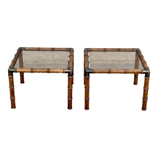 Vintage Faux Bamboo Square Side End Tables With Smoked Glass Tops - A Pair For Sale
