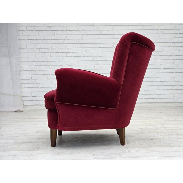 1960s Danish Armchair in Cherry-Red Velour with Beech Legs, 1960s For Sale - Image 5 of 18