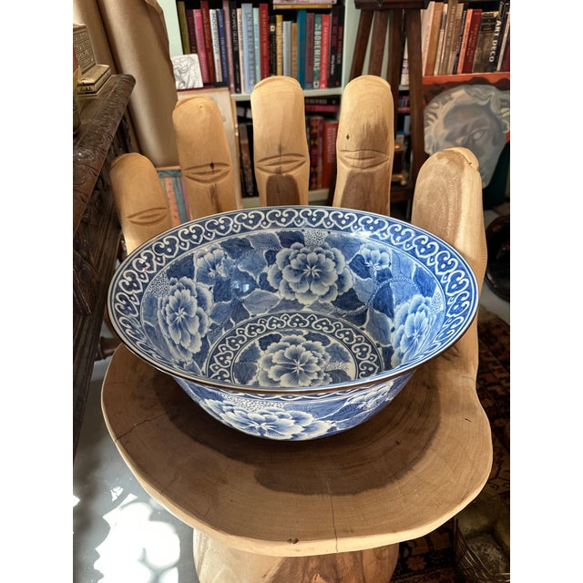 Vintage Maitland Smith Blue and White Porcelain Bowl Chinoiserie Floral Large Decorative Singing Bowl For Sale - Image 12 of 12