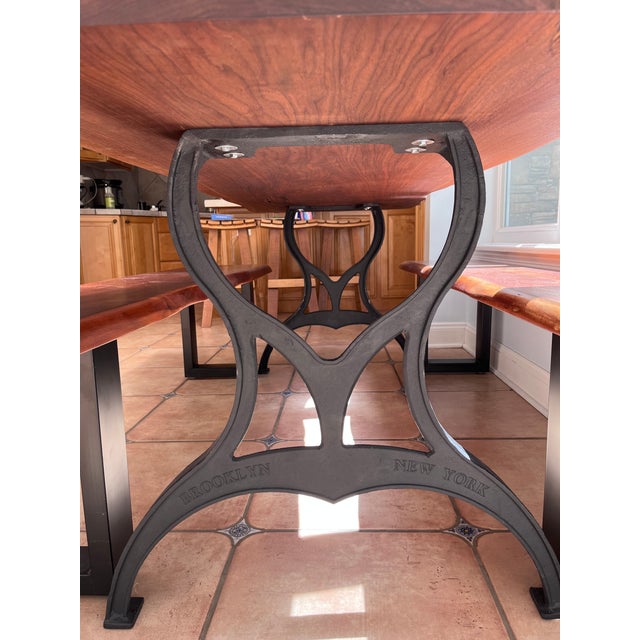 Custom Live Edge Walnut Wood Dining Table With Benches and Brooklyn New York Cast Iron Base For Sale - Image 4 of 5