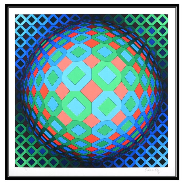 Abstract 1990 Vega Cor Geometric Abstract Teal Screen Print Victor Vasarely For Sale - Image 3 of 7