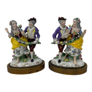 Pair of Dresden Style Porcelain Courting Couple Figurines on Pierced Metal Bases, Circa 1900 For Sale