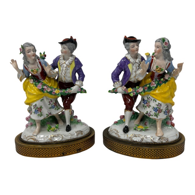 Pair of Dresden Style Porcelain Courting Couple Figurines on Pierced Metal Bases, Circa 1900 For Sale