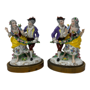 Pair of Dresden Style Porcelain Courting Couple Figurines on Pierced Metal Bases, Circa 1900