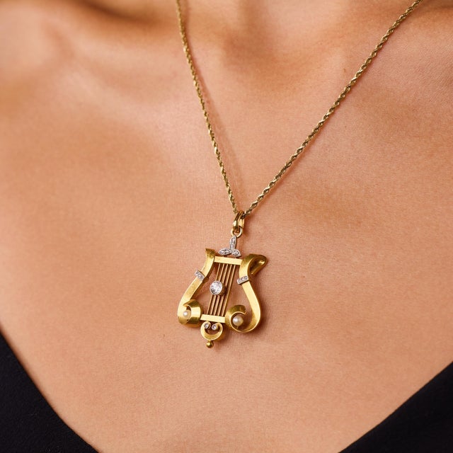 19th Century 19th Century Victorian Diamond Pearl 18k Yellow Gold Lyre Necklace For Sale - Image 5 of 6