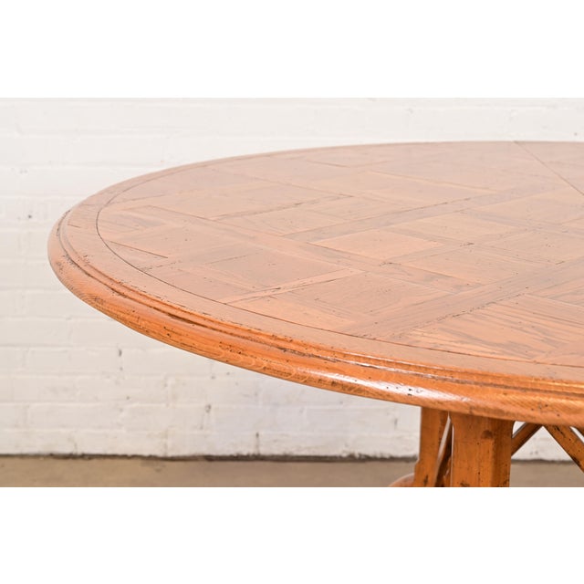 Guy Chaddock English Country Rustic Oak Pedestal Extension Dining Table With Patchwork Parquet Top, Newly Refinished For Sale - Image 11 of 15
