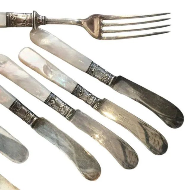 Silver Vintage Fish Flatware Set, Sterling Silver With Mother-Of-Pearl, Set of 18 For Sale - Image 8 of 11