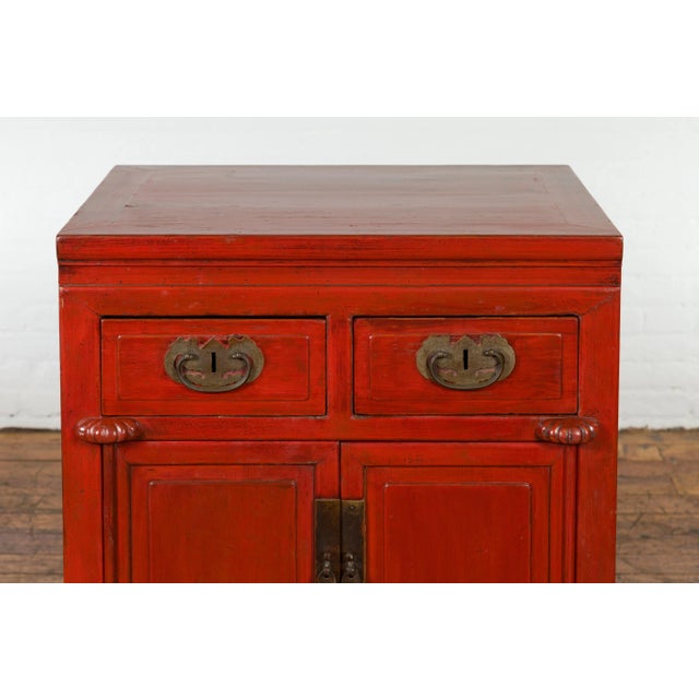 Wood Qing Dynasty 19th Century Chinese Red Lacquer Cabinet with Drawers and Doors For Sale - Image 7 of 13