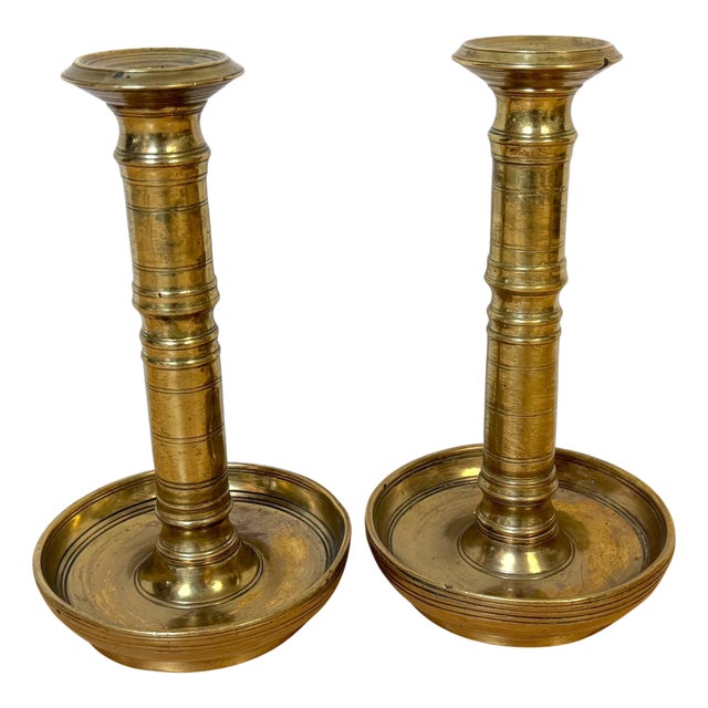 Pair of Russian Empire Brass Candlesticks with Drip Basins, circa 1790–1835 For Sale