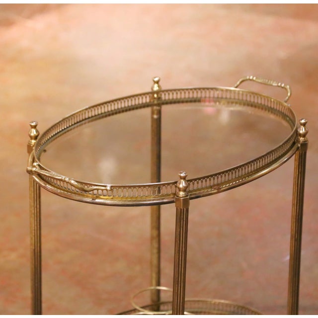 Mid-Century French Brass Oval Bar Cart With Bottle Holder and Glass Shelf For Sale - Image 4 of 7