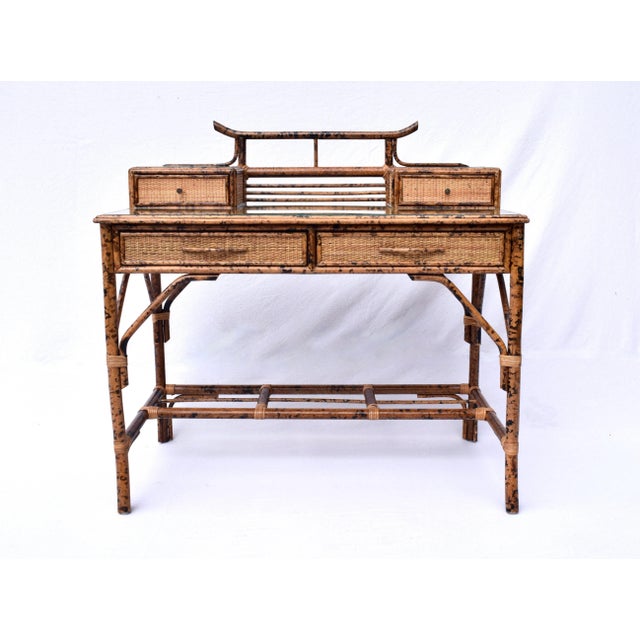 Vintage British Colonial Style Burnt Bamboo and Grasscloth Pagoda Desk For Sale - Image 10 of 12