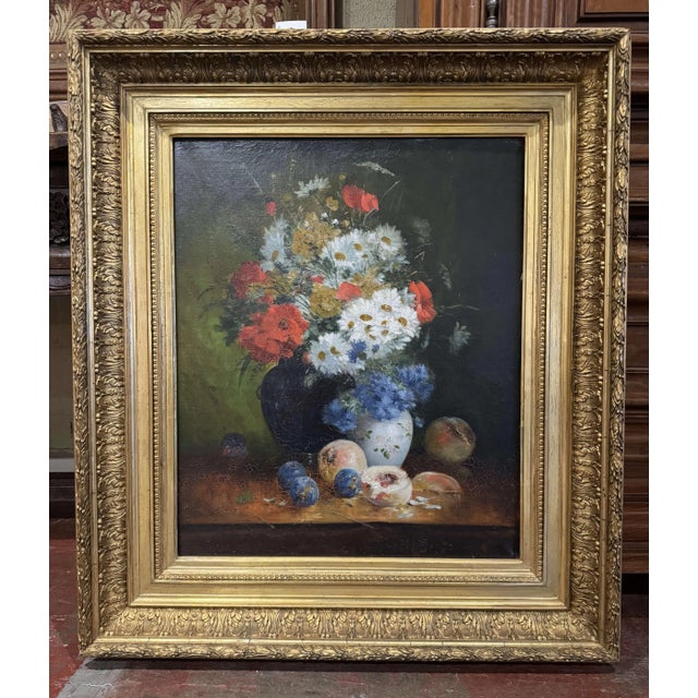 Mid 19th Century 19th Century French Floral Still Life Oil Painting in Carved Giltwood Frame For Sale - Image 5 of 9