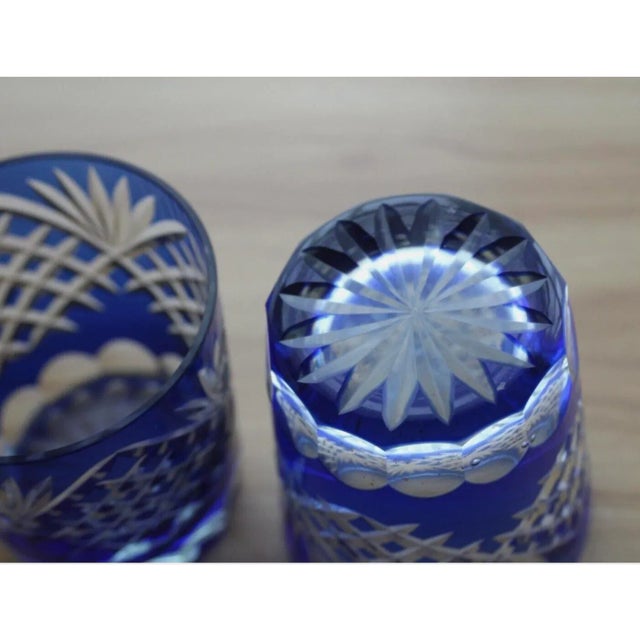 Exquisite Hungarian Cut Crystal Old Fashioned Glasses - Cobalt Blue Cut-to-Clear (Pair) For Sale - Image 6 of 11
