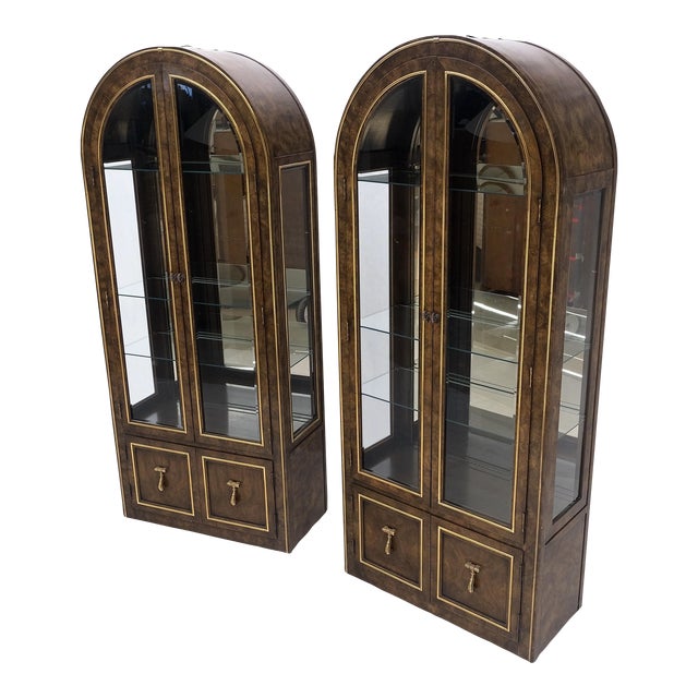 Mastercraft Dome Shape Burl Wood Curio Display Cabinets w Shelves Lights - A Pair For Sale