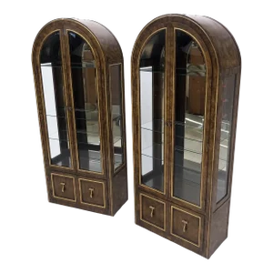 Mastercraft Dome Shape Burl Wood Curio Display Cabinets w Shelves Lights - A Pair