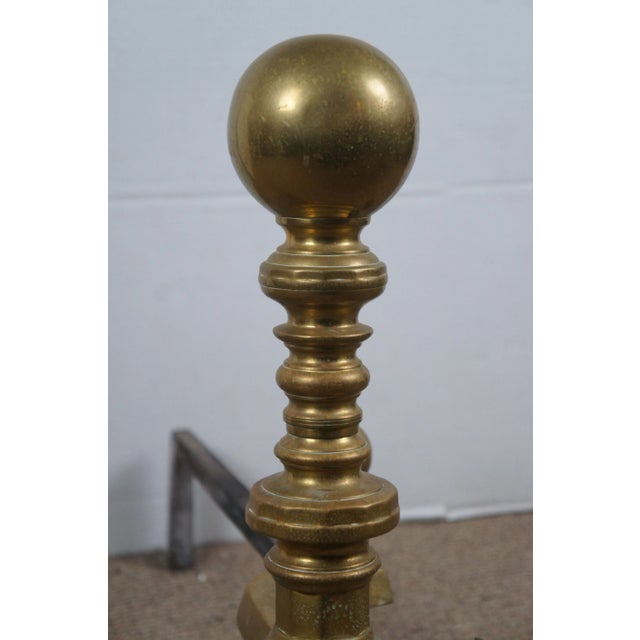 Antique Georgian Colonial Revival Brass Cannonball Andirons Fireplace Fire Dogs- Set of 2 For Sale - Image 6 of 12