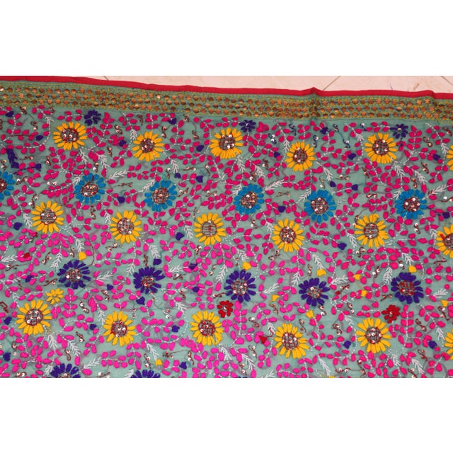 Vintage Suzani Embroidery in Teal Background with Yellow Pink Turquoise For Sale - Image 4 of 13