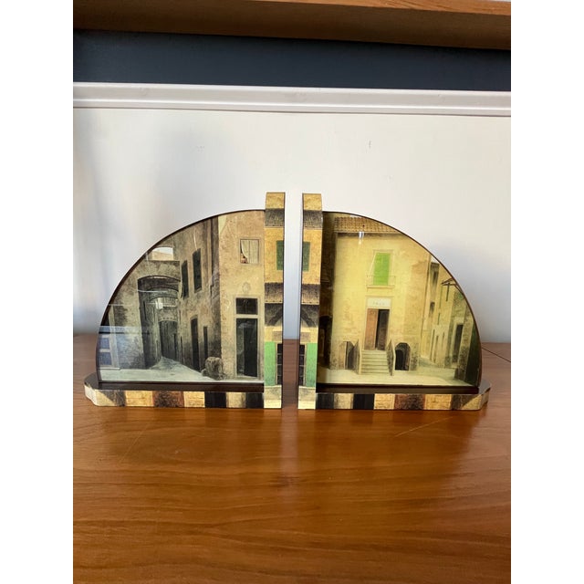 Art Deco Fornasetti Style Italian Trompe L’Oeil Architectural Bookends With Glass, Tuscan For Sale - Image 3 of 11