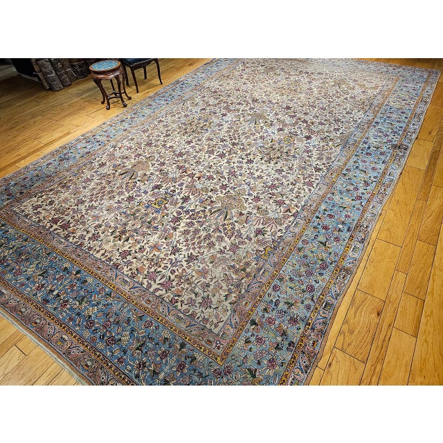 Textile Vintage Oversized Persian Kerman Lavar Rug, Hand-Knotted Wool, Allover Vase Pattern, Ivory & Blue, 11’ X 19’ For Sale - Image 7 of 18