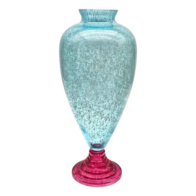 Tall Italian Art Glass Vase Aqua Controlled Bubble With Ruby Red Base Sculptural Murano Style 15" For Sale
