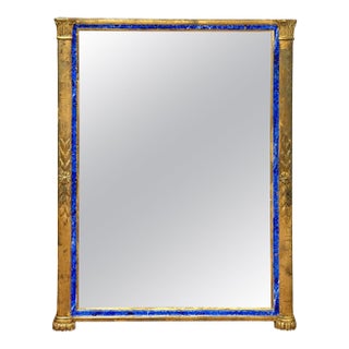 Italian Neoclassical Lapis-Blue Enameled Giltwood Mirror, 1960s For Sale