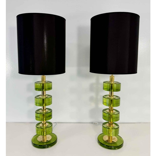 Italian Green Emerald Murano Glass Discs and Brass Lamps with Black Lampshades, 2000s, Set of 2 For Sale - Image 10 of 15