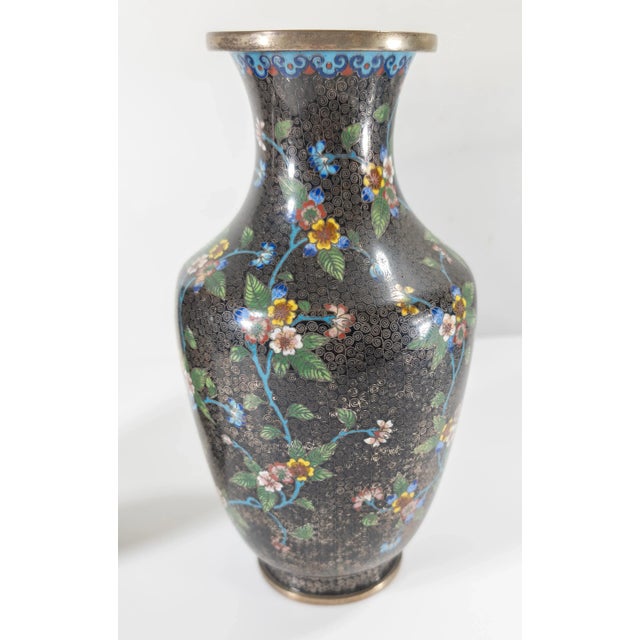 Chinoiserie Early 20th Century Pair of Chinese Cloisonne Enamel Vases With Dents For Sale - Image 3 of 11