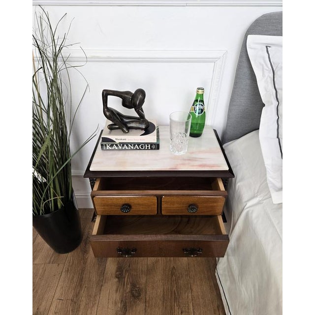 Mid-Century Italian Art Deco Style Wood Bedside Tables with Marble Tops, 1950s, Set of 2 For Sale - Image 4 of 11