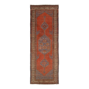 Antique Persian Bakshaish Long Wool Runner Handmade in Red With Geometric Design