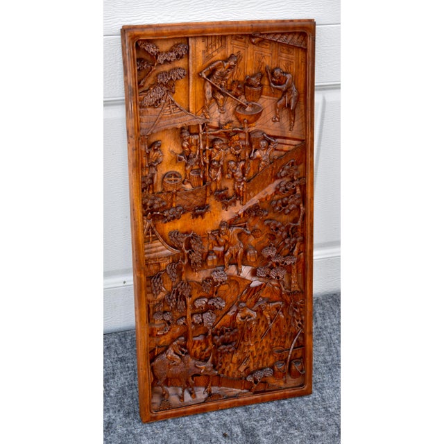 Antique Chinese Hand Carved Wood Relief Wall Panel Plaque Figural Rural Life For Sale - Image 10 of 13